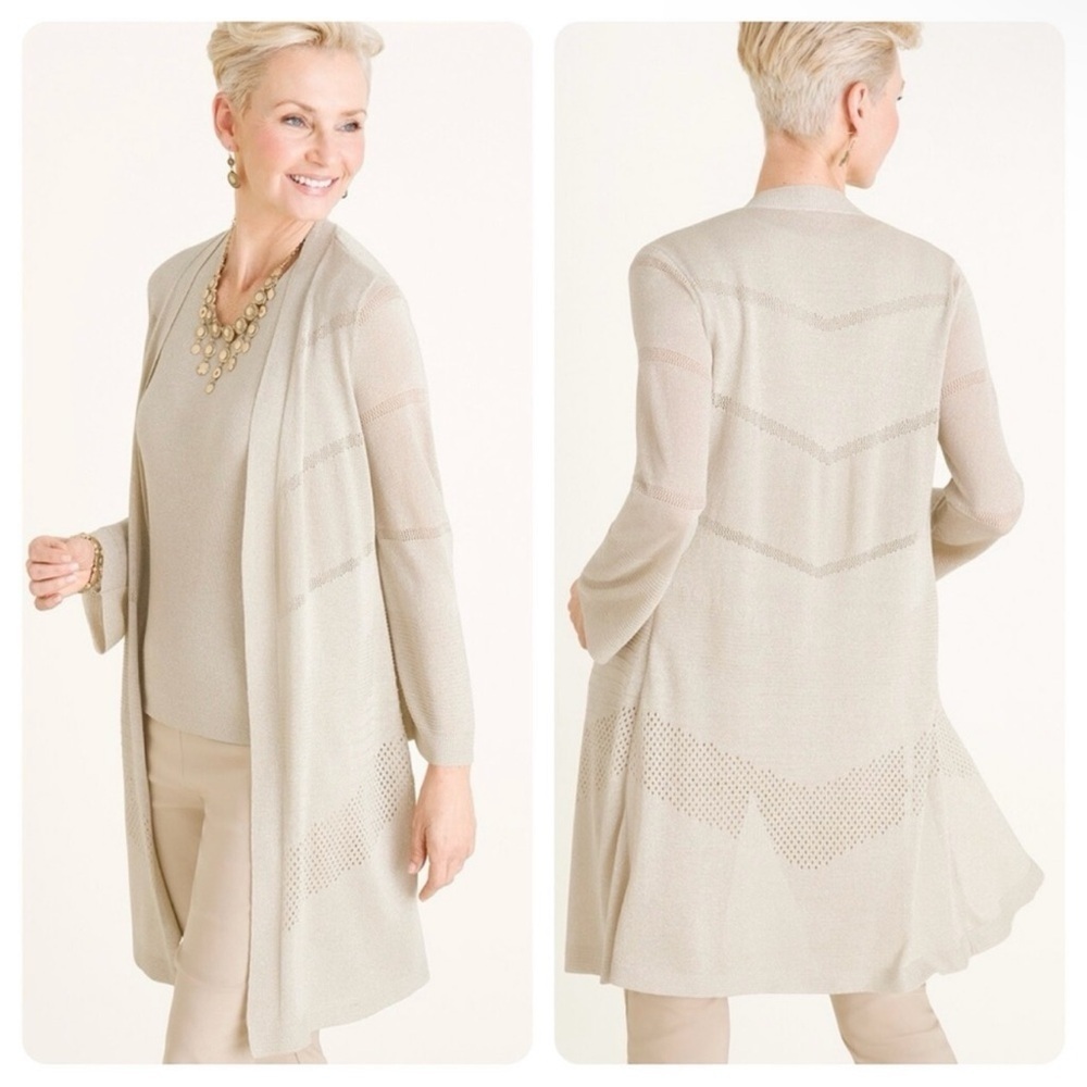 Chico's Shine Cardigan Women's‎ XL Gold Metallic Longline Open Pointelle